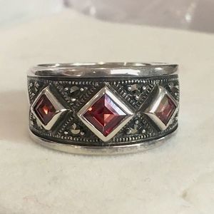 Art Deco Wide Band Faceted Red Garnet Marcasite Sterling Silver Ring Sz 7-3/4